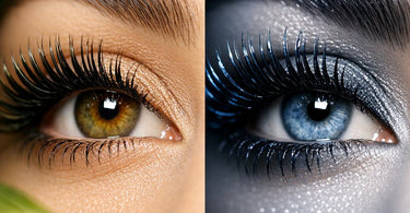 Comparison of organic and synthetic lash tint formulations displayed on a professional salon workspace with applicators.