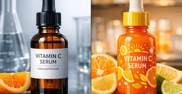 Close-up comparison of professional grade and retail vitamin C serums, showing differences in packaging and serum color and texture.