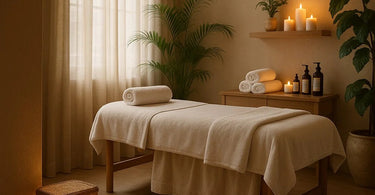 A serene spa treatment room featuring a beautiful woven basket filled with smartphones, symbolizing the beginning of a relaxing Digital Detox Facial experience.