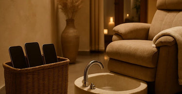 A serene spa pedicure station with a woven phone basket, warm towels, and tranquil decor for the ultimate digital detox experience.
