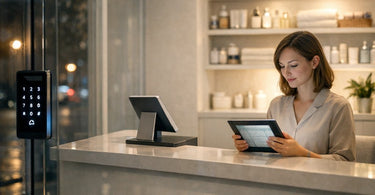 A modern smart video doorbell installed on the elegant entrance door of a spa or salon, with a soft, inviting glow