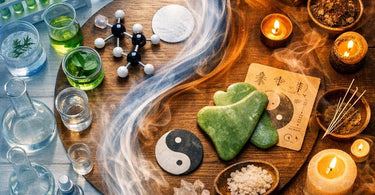 A serene spa treatment room blending modern equipment with natural elements, symbolizing the fusion of Eastern and Western wellness philosophies.