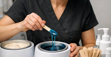 Comparison of eco-friendly hard wax and soft wax strips highlighting waste reduction in a professional spa setting