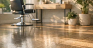 Eco-friendly bamboo flooring in a modern spa treatment room with massage table and plants.