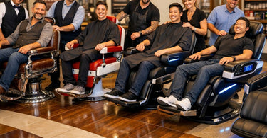 A vintage barber chair with classic chrome detailing and a modern high-tech electric barber chair with a sleek control panel, showcasing the evolution of design and technology.