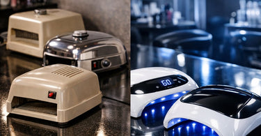 A visual timeline showing the evolution of the nail dryer, from old bulky UV lamps to modern sleek and compact LED nail lamps, representing the streamlined design discussed in the blog.