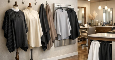 A stylish and organized display of salon capes on modern wall-mounted racks in a bright, professional salon interior.