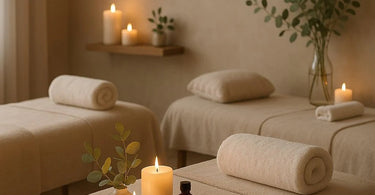 A woman receiving a calming facial treatment, looking relaxed and peaceful in a spa setting