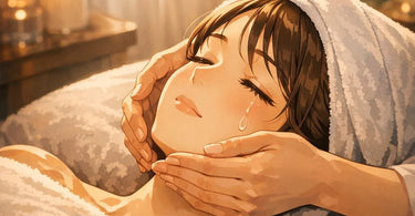 A peaceful, close-up image of a client receiving a gentle, nurturing facial treatment with warm towels and caring hands, evoking a sense of safety and quiet comfort.