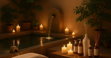 A serene spa treatment room showing a client relaxing during a facial with soft lighting, while an aesthetician carefully selects music on a tablet, creating a perfect harmonious atmosphere.