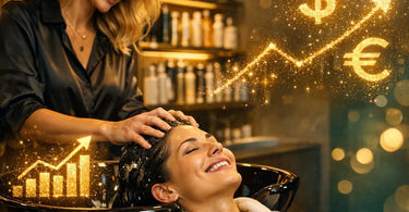 A stylist performing a relaxing scalp massage treatment on a client during a salon haircut service