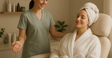 A serene spa environment showing a comforting therapist hand on a client's shoulder during a consultation