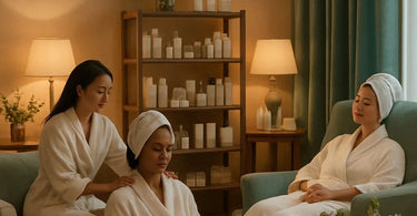 Spa professional warmly greeting a new client in a beautiful salon reception area