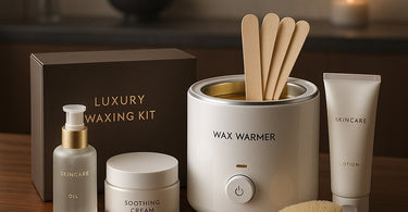A beautifully arranged first-timer's wax client take-home kit featuring post-wax lotion, exfoliating gloves, and samples in a branded bag