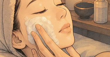 A serene spa setting showing an esthetician's hands performing a gentle initial cleanse on a relaxed client's face during a facial treatment.