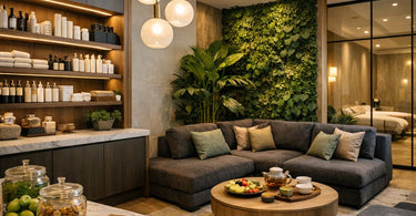 A bright and airy staff break room designed for a spa or salon, featuring comfortable seating, a coffee bar, and stylish decor, emphasizing employee wellness and relaxation.