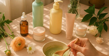 Spa professional intuitively customizing treatment formulas with various beauty products and equipment