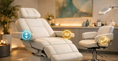 Futuristic spa treatment table in a modern salon, with a glowing user interface panel and a graphic representation of voice command and pre-set memory functions floating nearby.