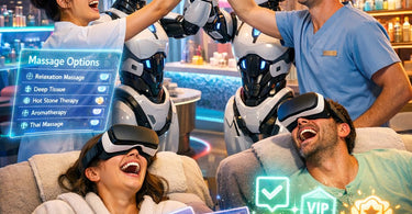 A modern spa treatment room featuring a high-tech massage bed and ambient lighting, symbolizing the future of massage therapy.