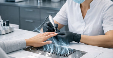 Sleek modern nail table with integrated ventilation system in a bright, stylish nail salon, showing the future of healthy nail services.