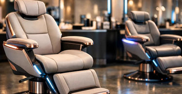 A modern, luxurious salon chair with sleek lines, featuring controls for heating and cooling functions, set in a bright, stylish salon interior.