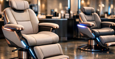 A modern, luxurious salon chair with sleek lines, featuring controls for heating and cooling functions, set in a bright, stylish salon interior.