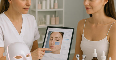 Spa professional performing glowing facial treatment on client