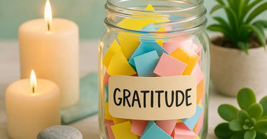 Beautiful glass gratitude jar filled with colorful notes of appreciation in a spa reception area
