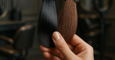 Close-up of a professional stylist applying hair color to resistant gray hair, showcasing precise sectioning and application technique.