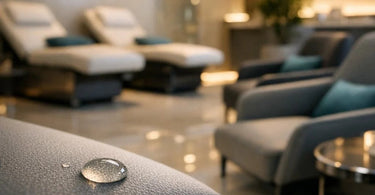 Antimicrobial upholstery on a spa treatment table with a magnified inset showing clean fabric texture