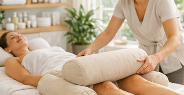 A variety of professional massage bolsters in different shapes and sizes arranged neatly on a spa treatment table, showcasing tools for client comfort and support.