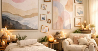 A serene and modern relaxation room featuring neutral-toned walls, a plush beige armchair, and a large, textured abstract painting in soft earth tones, creating a calm and inviting spa atmosphere.