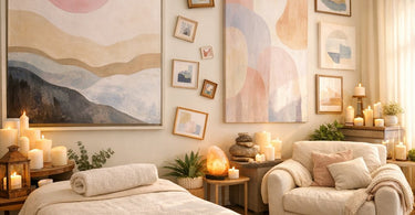 A serene and modern relaxation room featuring neutral-toned walls, a plush beige armchair, and a large, textured abstract painting in soft earth tones, creating a calm and inviting spa atmosphere.