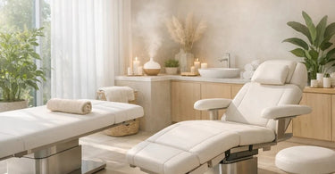 A serene spa treatment room featuring a modern, upholstered massage table, emphasizing the importance of hypoallergenic materials for client comfort and safety.
