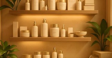 Spa owner showing client premium skincare products with strategic pricing display