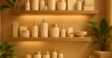 Spa owner showing client premium skincare products with strategic pricing display