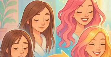 Hair color correction process showing transformation from damaged to healthy beautiful hair in salon setting