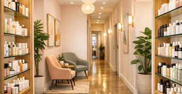 A beautifully decorated spa hallway featuring a display of professional skincare and waxing products from Pure Spa Direct, with soft lighting and elegant furniture, showcasing the hidden potential for retail and service upselling.