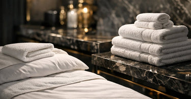 Stack of plush high-end salon towels and linens from Pure Spa Direct, emphasizing luxury and quality for professional spa and salon businesses.