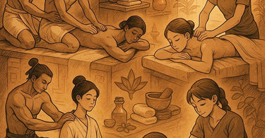 Ancient massage techniques and modern spa professional with historical background