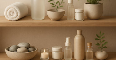 A spa professional smiles warmly while showing a client skincare products, demonstrating a supportive home care handoff in a tranquil treatment room.