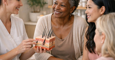 A compassionate esthetician consults with a client about hair growth, showing a diagram of the body and hormonal hair patterns on a tablet in a serene spa treatment room.