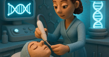 A futuristic spa treatment showing a client relaxing while a therapist uses advanced technology, symbolizing DNA-based skin analysis