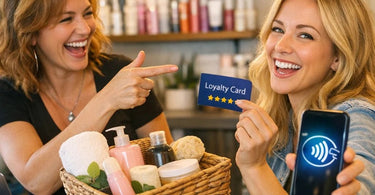 A humorous scene in a spa or salon reception area showing a client searching through an empty handbag with a surprised expression, while a calm salon professional smiles behind the counter.
