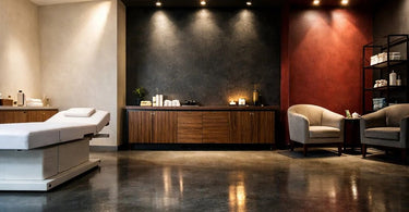A stylish spa treatment room featuring a neutral wall color complementing a luxurious massage table and wooden side table, showcasing the perfect harmony between wall color and furniture material choices.