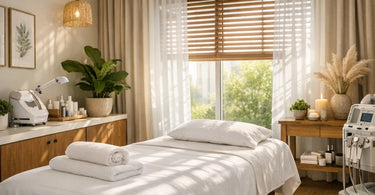 Elegant spa treatment room featuring a professional massage table with soft, natural light filtering through stylish white window blinds, creating a serene and relaxing ambiance for clients.
