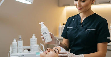 Esthetician providing waxing aftercare instructions to a client in a spa setting