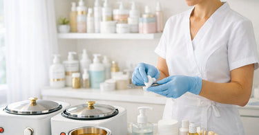 Professional waxing supplies arranged on a sanitized spa treatment table including wax warmer, spatulas, and pre and post wax care products