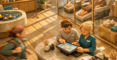 A stressed spa manager looks at a watch while a late client arrives, with a visible schedule board showing cascading delays in the background.