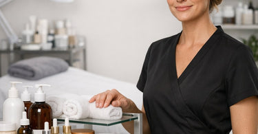 Relaxed salon owner managing bookings on a tablet while a client checks in at a self-service kiosk in a modern, desk-free spa environment